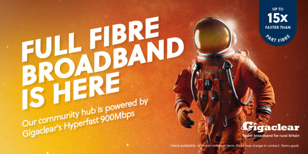 Person in an orange spacesuit stands by text promoting full fibre broadband and fast internet speeds.